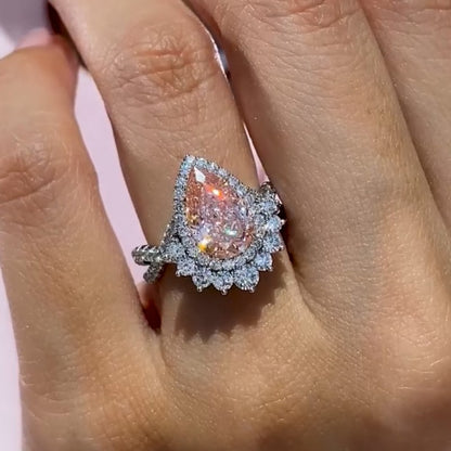 4Ct Pink Pear Cut Halo Ring 925 Silver White Gold
