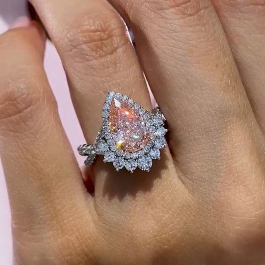 4Ct Pink Pear Cut Halo Ring 925 Silver White Gold