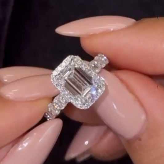 2.5Ct Emerald Cut Halo Ring 925 Silver White Gold
