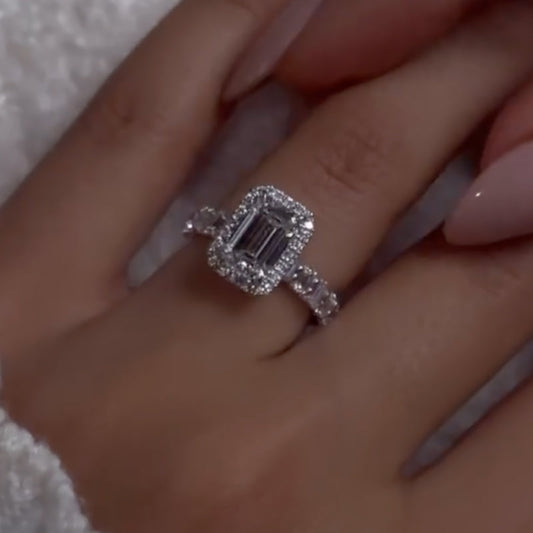 2.5Ct Emerald Cut Halo Ring 925 Silver White Gold