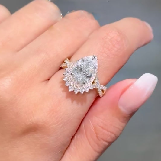 4.0CT Pear Cut Halo Diamond Ring 925 Silver Gold