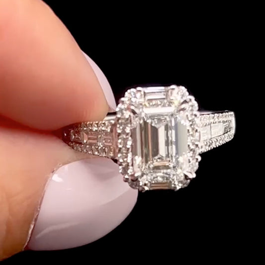 2.5Ct Emerald Cut Diamond Ring - White Gold Halo Setting
