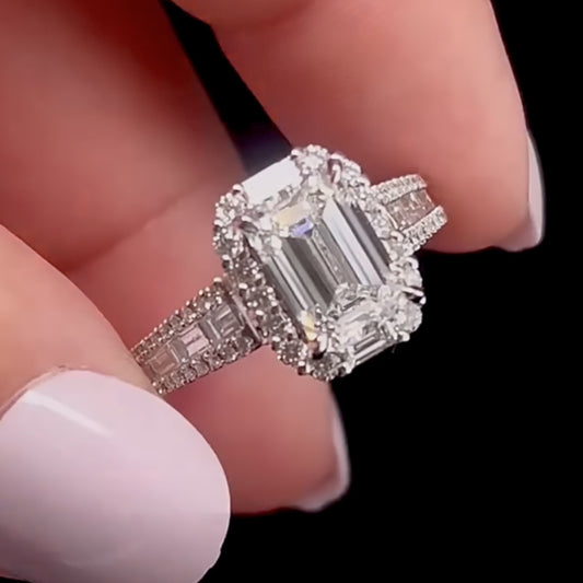 2.5Ct Emerald Cut Diamond Ring - White Gold Halo Setting