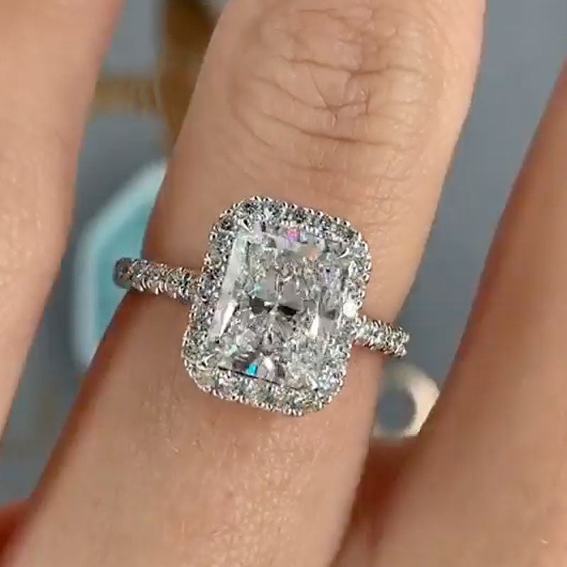 Radiant Cut Halo Engagement Ring Sterling Silver 3 Carat