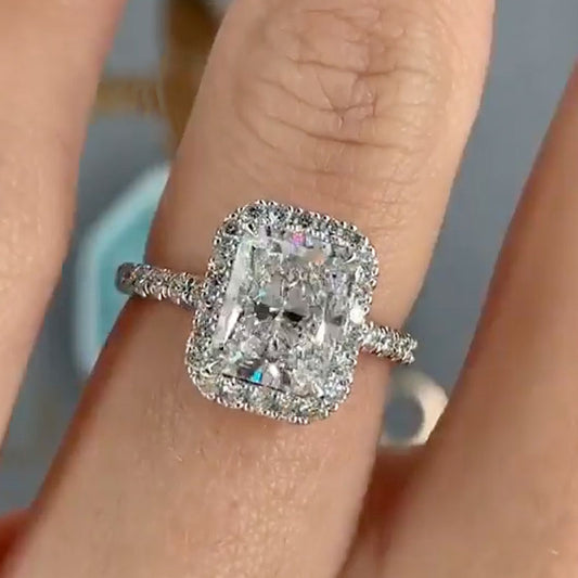 Radiant Cut Halo Engagement Ring Sterling Silver 3 Carat