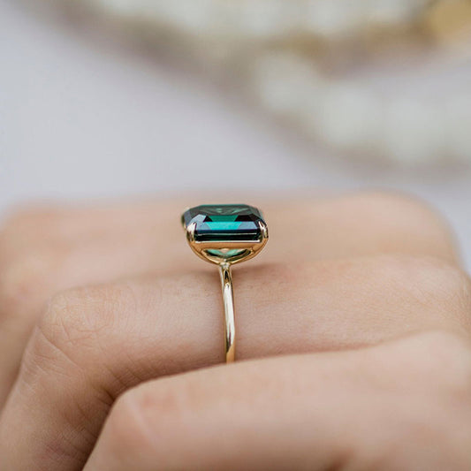 Emerald Cut Green Gemstone Engagement Ring Yellow Gold Plated