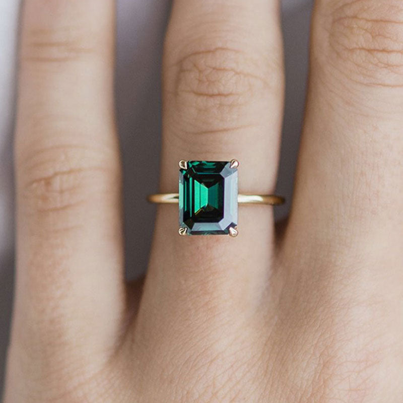 Emerald Cut Green Gemstone Engagement Ring Yellow Gold Plated