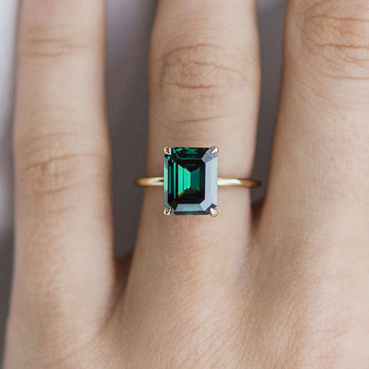Emerald Cut Green Gemstone Engagement Ring Yellow Gold Plated