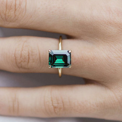 Emerald Cut Green Gemstone Engagement Ring Yellow Gold Plated