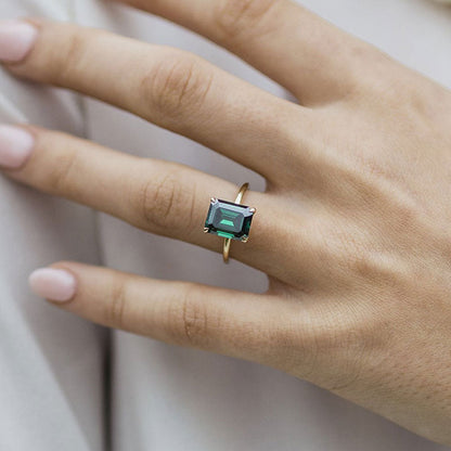 Emerald Cut Green Gemstone Engagement Ring Yellow Gold Plated