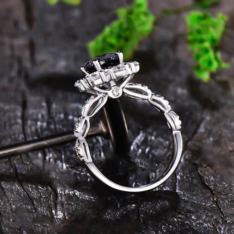 2 Carat Oval Black Sandstone Halo Engagement Ring