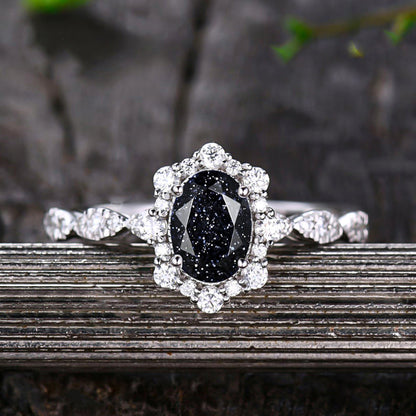 2 Carat Oval Black Sandstone Halo Engagement Ring