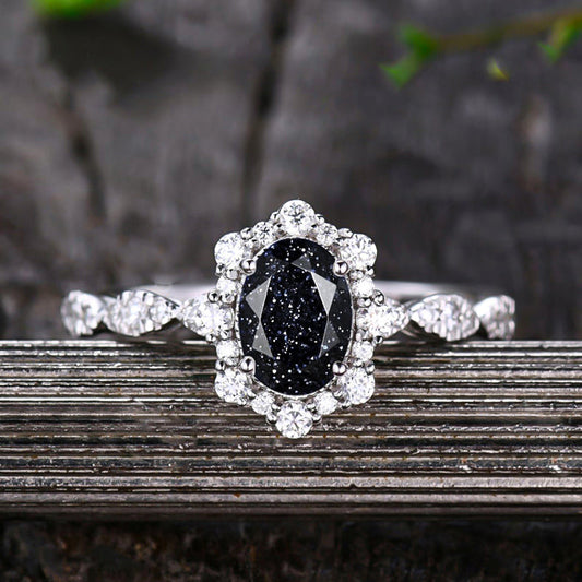 2 Carat Oval Black Sandstone Halo Engagement Ring