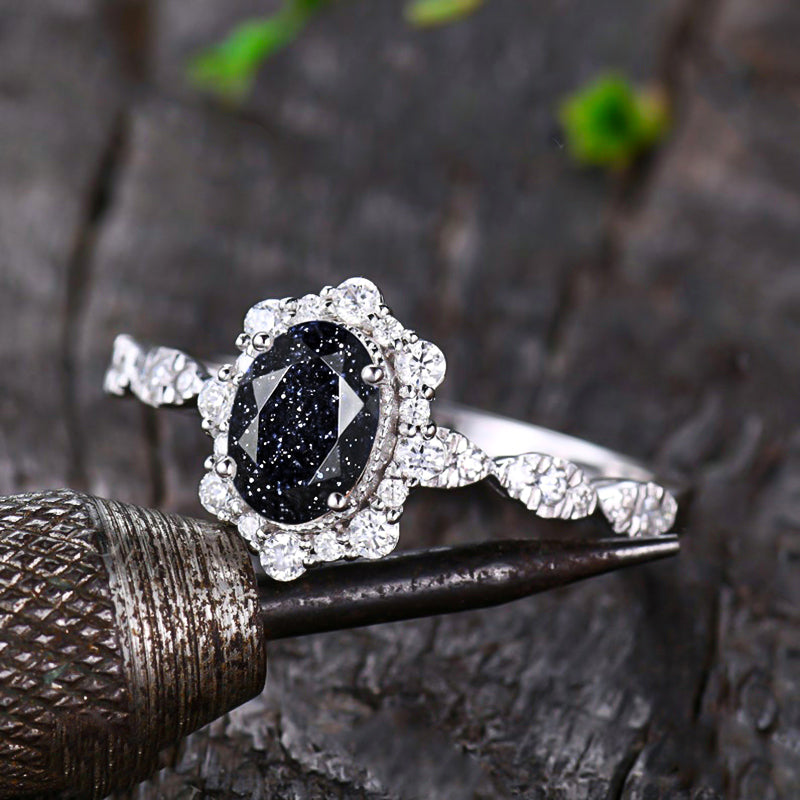 2 Carat Oval Black Sandstone Halo Engagement Ring