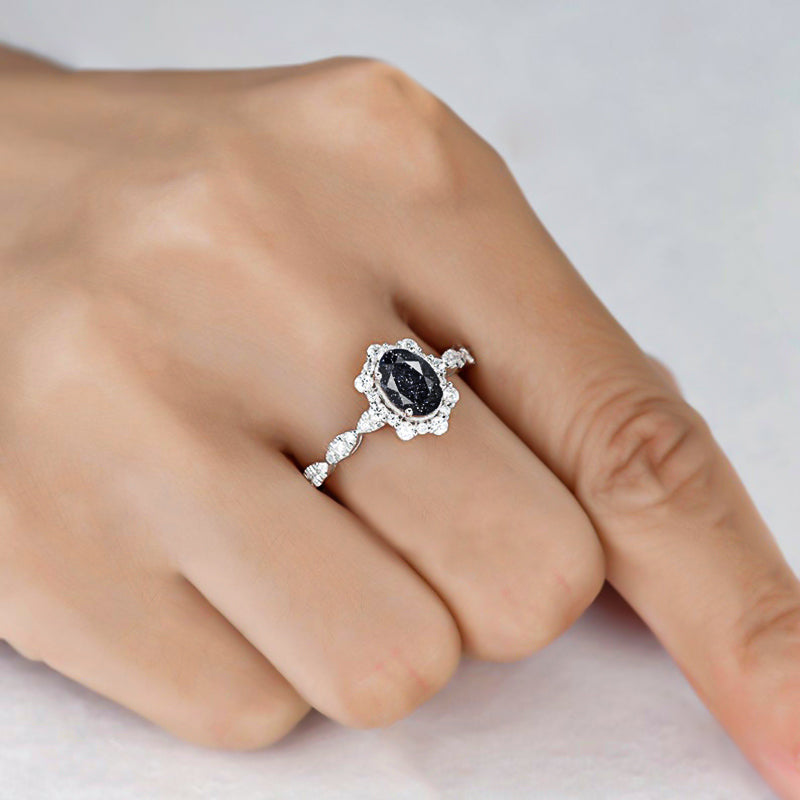 2 Carat Oval Black Sandstone Halo Engagement Ring