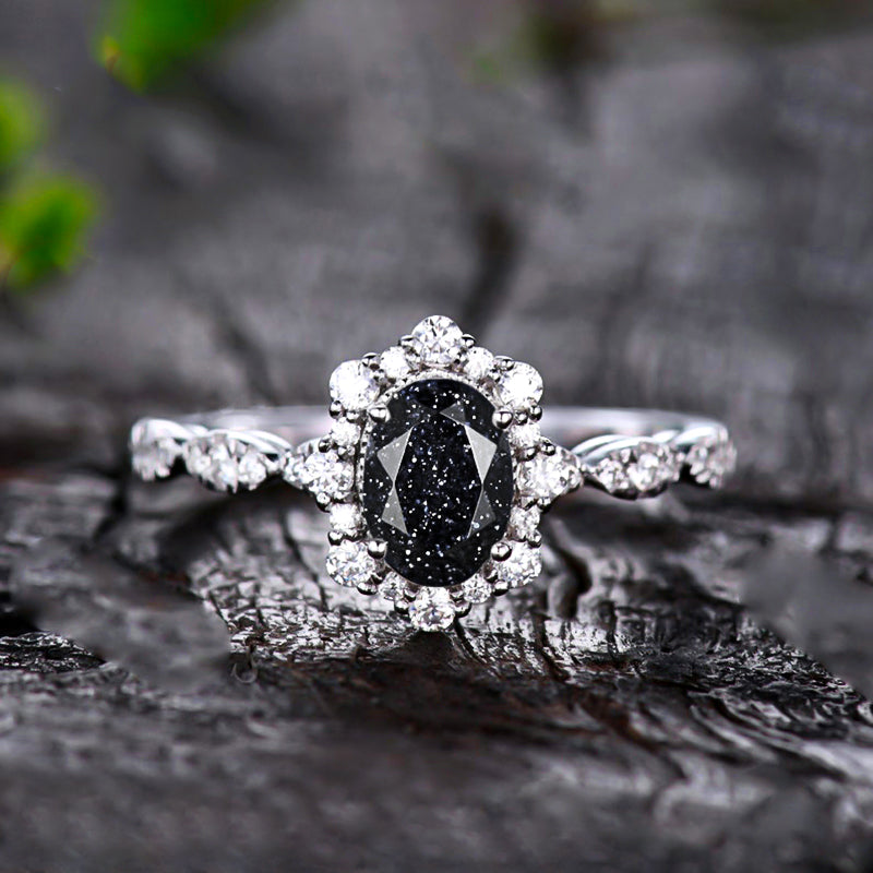 2 Carat Oval Black Sandstone Halo Engagement Ring