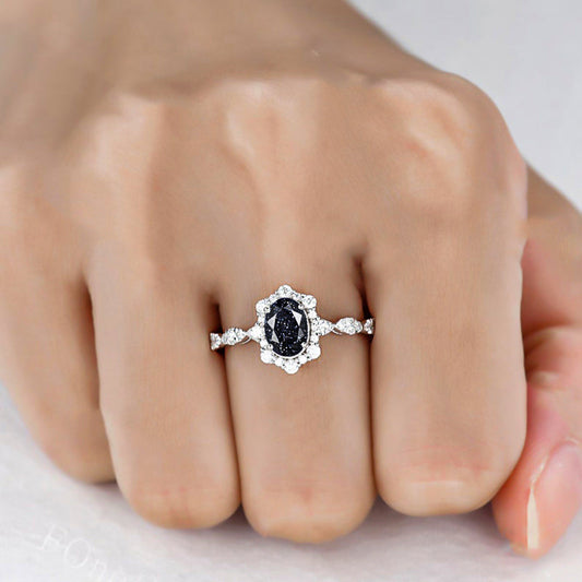 2 Carat Oval Black Sandstone Halo Engagement Ring