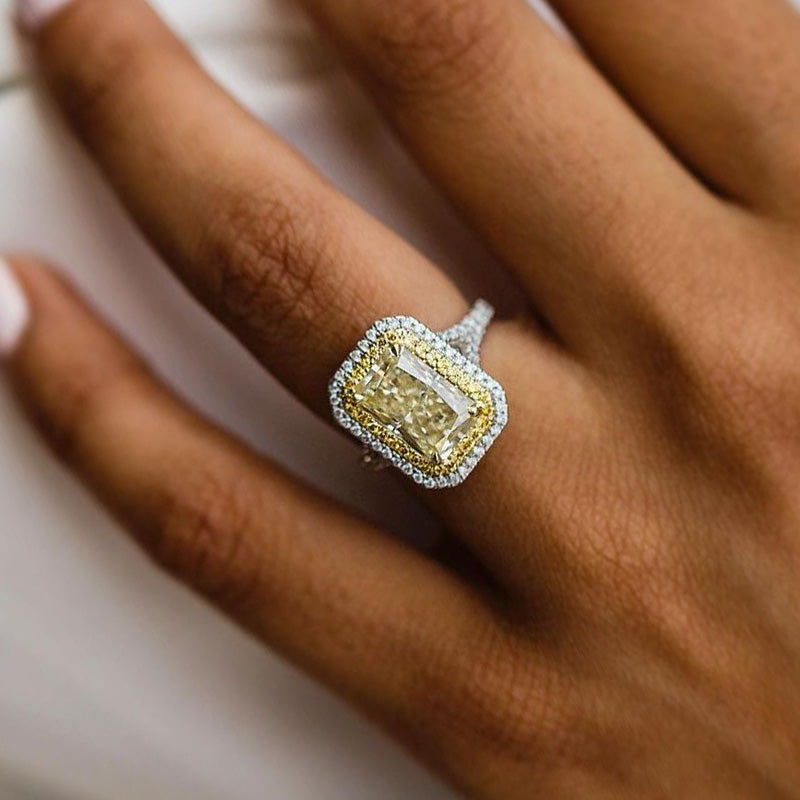 Radiant Cut Yellow Sapphire Engagement Ring Double Halo