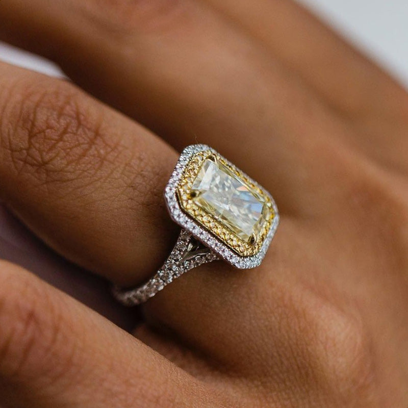 Radiant Cut Yellow Sapphire Engagement Ring Double Halo