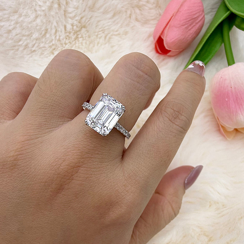 Silver Engagement Ring with 4.5 carat Emerald Cut Cubic Zirconia item no. HT003