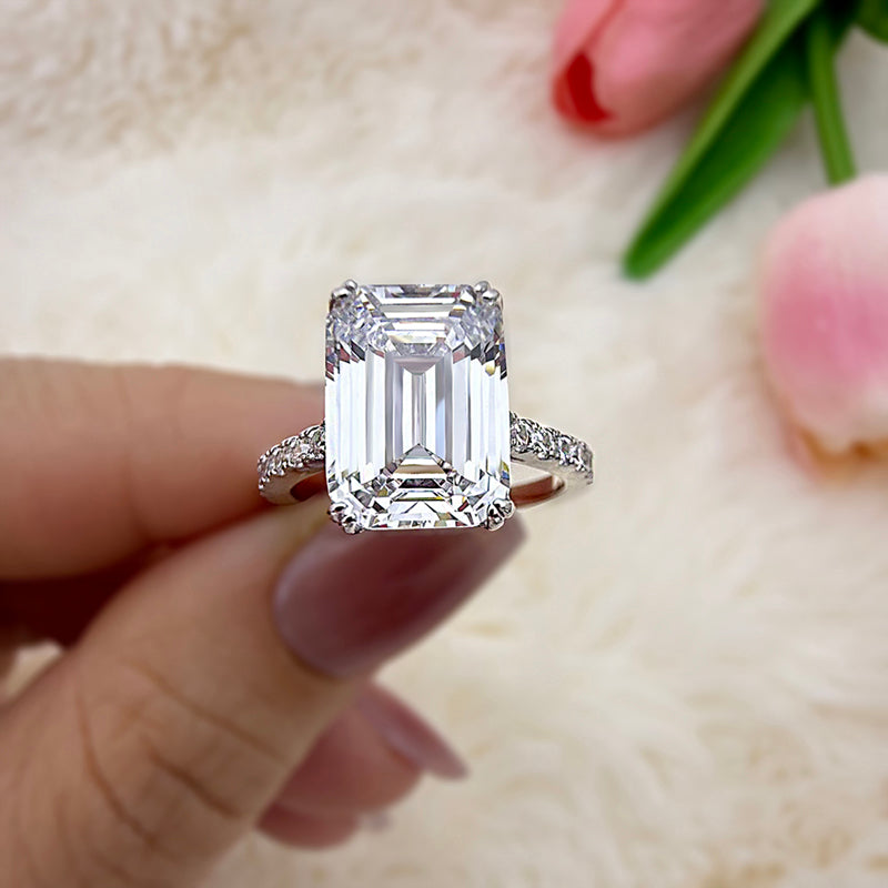 Silver Engagement Ring with 4.5 carat Emerald Cut Cubic Zirconia item no. HT003