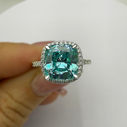 Luxurious Halo Cushion Cut 5 Carat Cyan Blue Stone Engagement Ring In Sterling Silver item no. HT021A12