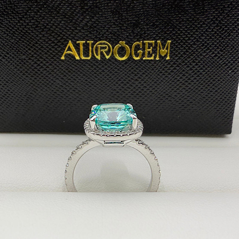 Luxurious Halo Cushion Cut 5 Carat Cyan Blue Stone Engagement Ring In Sterling Silver item no. HT021A12