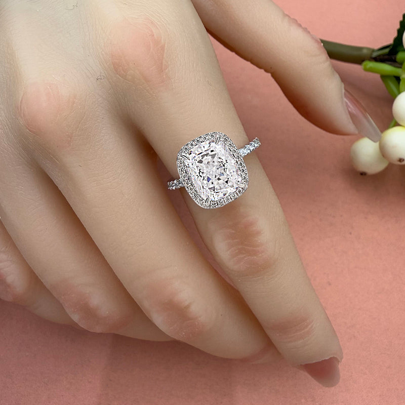 Luxurious Halo Cushion Cut Zircon Stone Engagement Ring In Sterling Silver Item no. HT023A