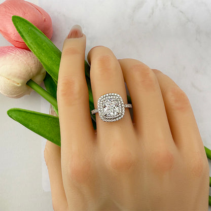 Engagement Ring in 925 Sterling Silver with Double Halo Cushion Cut 2 Carat Zircon Item no. HT053A