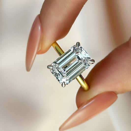 5Ct Emerald Cut Two-Tone Ring 925 Silver White/Yellow Gold
