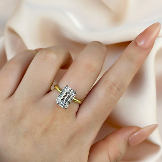 5Ct Emerald Cut Two-Tone Ring 925 Silver White/Yellow Gold