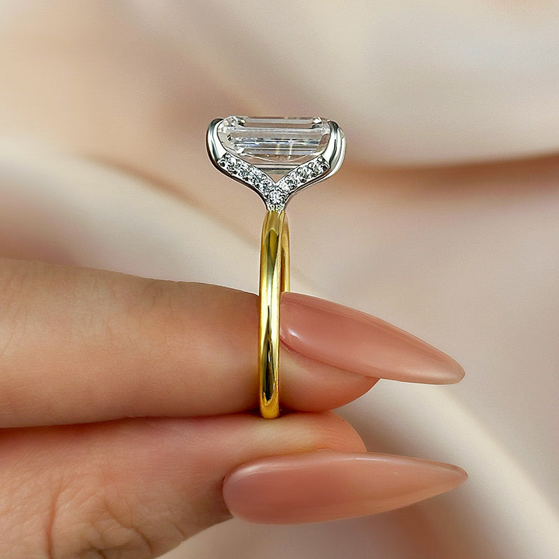 5Ct Emerald Cut Two-Tone Ring 925 Silver White/Yellow Gold
