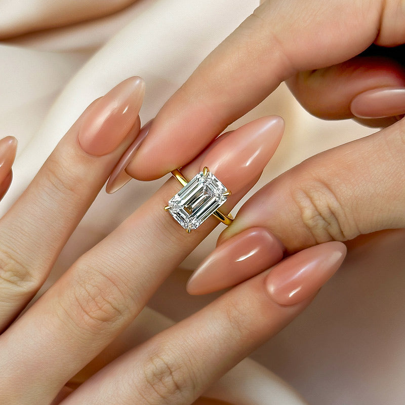5Ct Emerald Cut Two-Tone Ring 925 Silver White/Yellow Gold