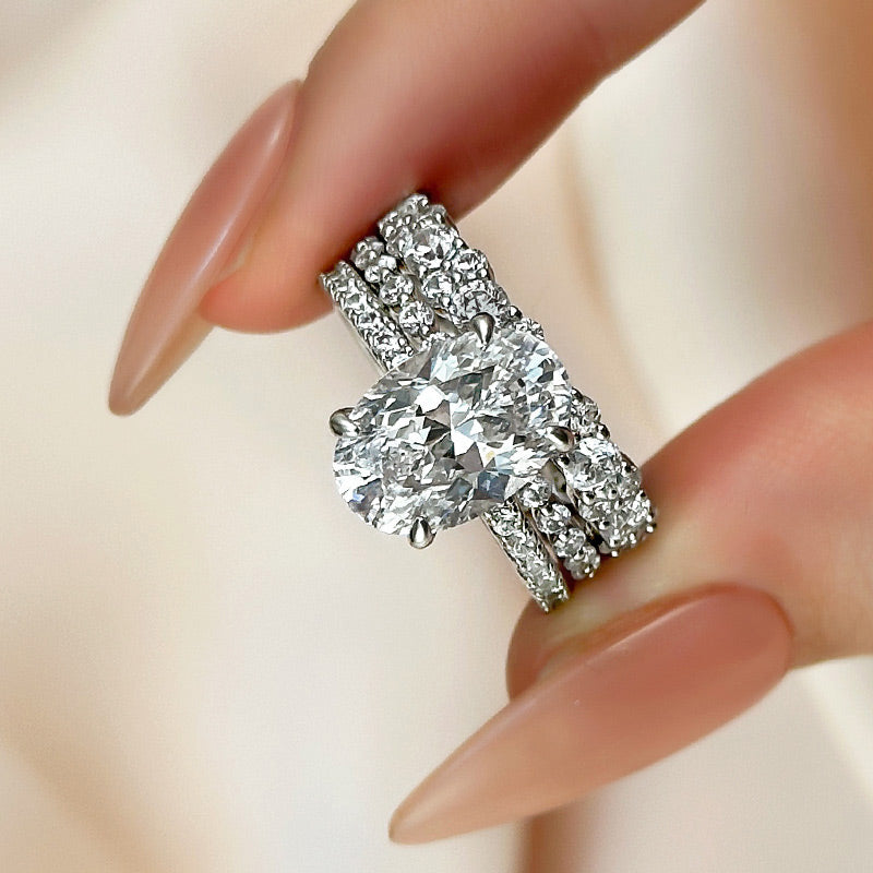 3.5Ct Oval Sona Diamond 3PC Bridal Set 18K White Gold