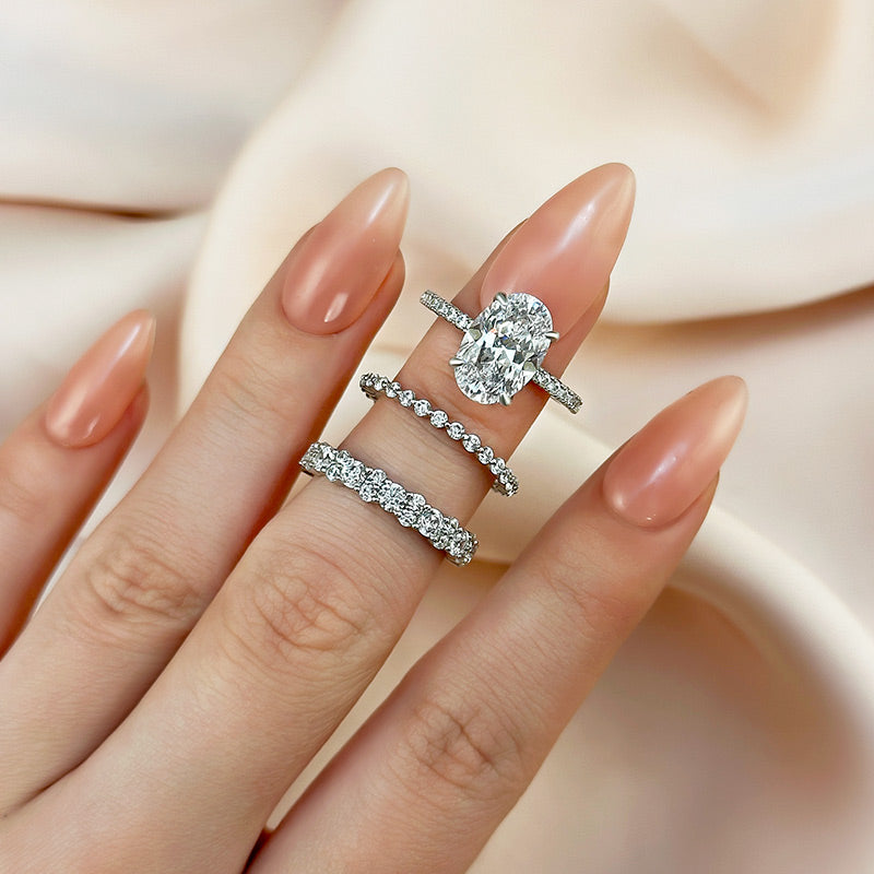 3.5Ct Oval Sona Diamond 3PC Bridal Set 18K White Gold