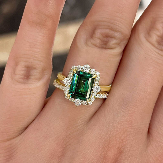 925 Sterling Silver 18K Yellow Gold Plated 3 Carat Emerald Cut Green Gemstone Ring