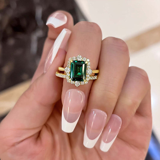 925 Sterling Silver 18K Yellow Gold Plated 3 Carat Emerald Cut Green Gemstone Ring