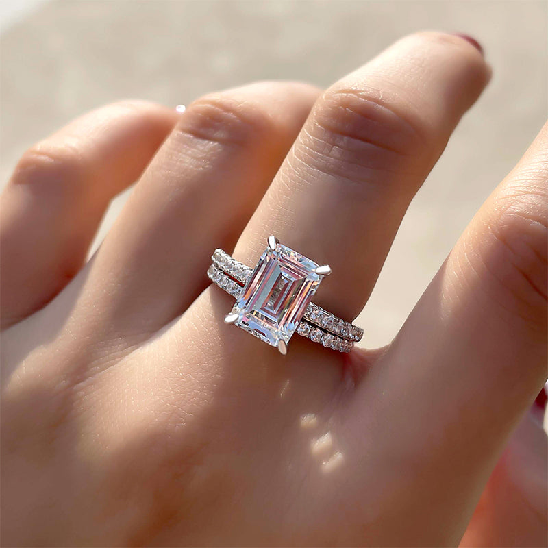 Elegant 925 Silver Emerald Cut White Sapphire Bridal Ring Set