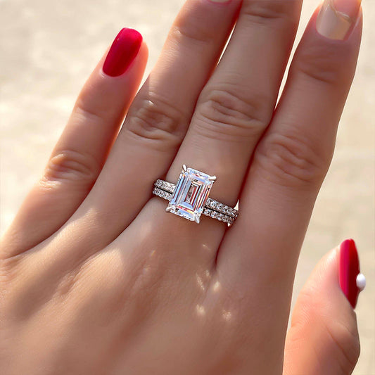 Elegant 925 Silver Emerald Cut White Sapphire Bridal Ring Set