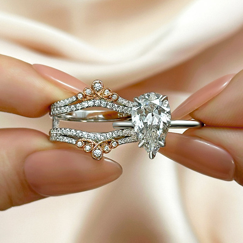 3Ct Pear Cut Simulated Diamond Vintage Two-Tone Bridal Set