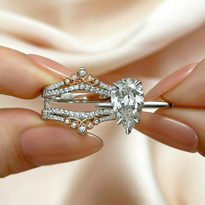 3Ct Pear Cut Simulated Diamond Vintage Two-Tone Bridal Set