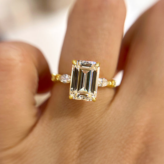 3.5Ct Emerald Cut Three Stone Gold Ring