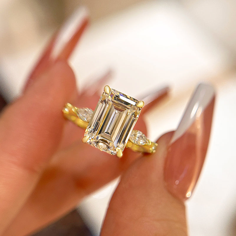 3.5Ct Emerald Cut Three Stone Gold Ring