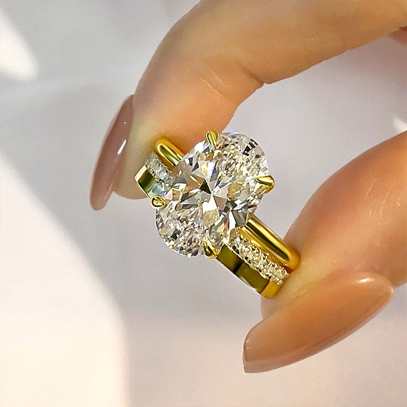 M4Ct Oval Simulated Diamond Ring with Halo 18K Gold Plated