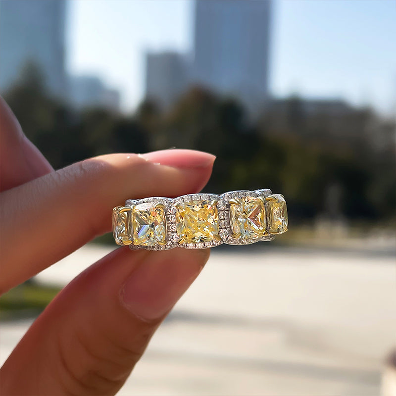 5Ct Yellow Sapphire Cushion Cut Band with Diamond Halo 925 Silver