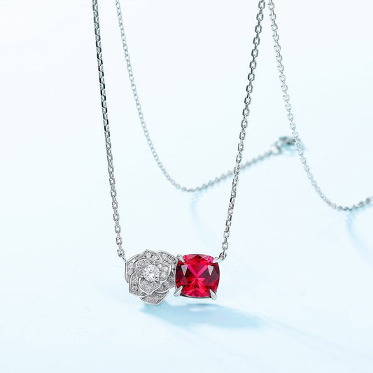 925 Silver White Gold Plated 8mm Cushion Ruby Pendant Necklace