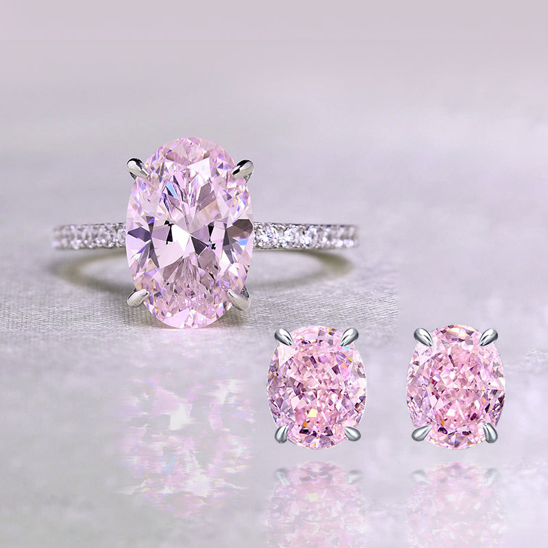 Elegant 925 Silver Jewelry Set with Oval Pink Sapphire & Simulated Diamonds
