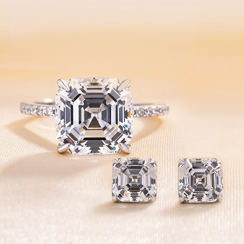 Asscher Cut Simulated Diamond Jewelry Set in Sterling Silver & White Gold