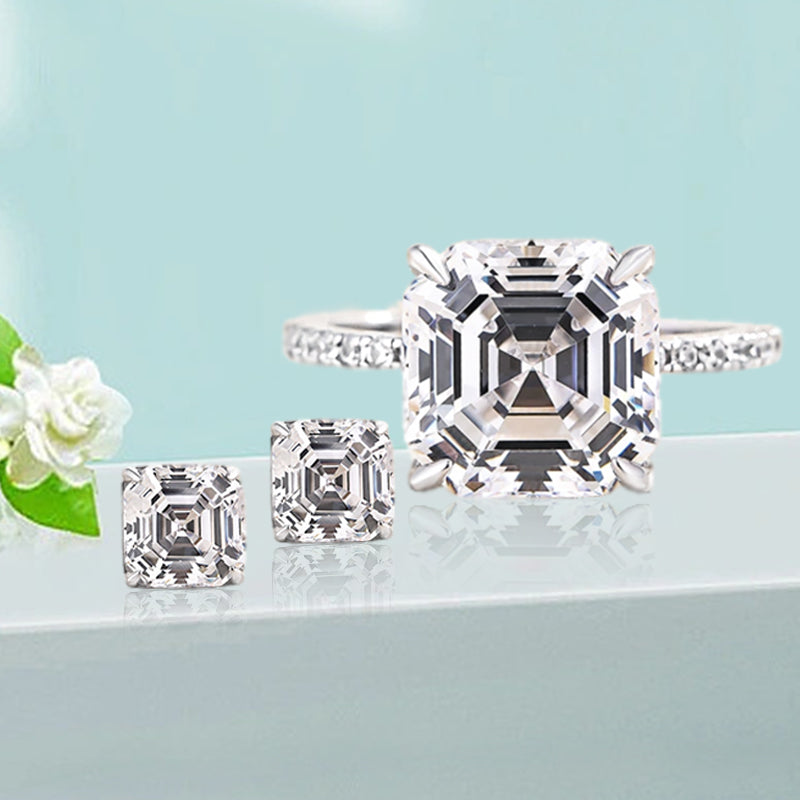 Asscher Cut Simulated Diamond Jewelry Set in Sterling Silver & White Gold