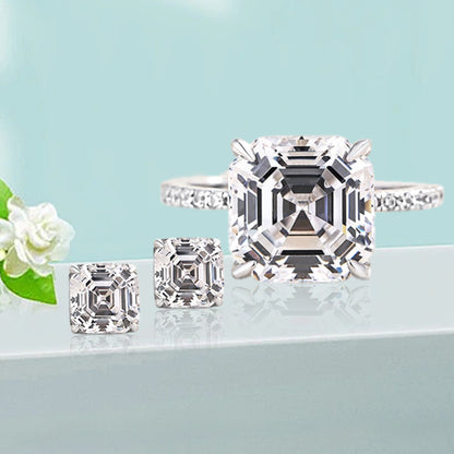 Asscher Cut Simulated Diamond Jewelry Set in Sterling Silver & White Gold